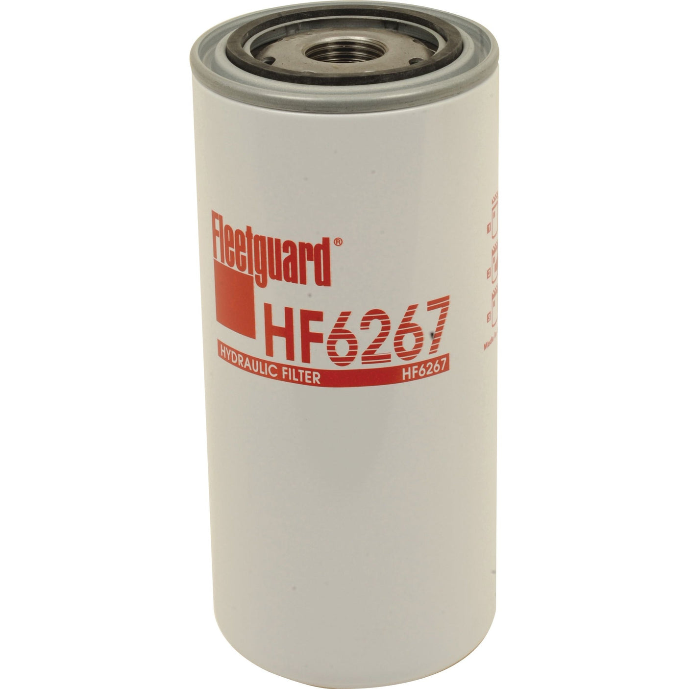 A white Sparex hydraulic filter (Hydraulic Filter - Spin On - HF6267 | Sparex Part No.S.76716) with red text. The cylindrical filter, suitable for Deutz-Fahr machinery, features metallic threading on top for easy installation.