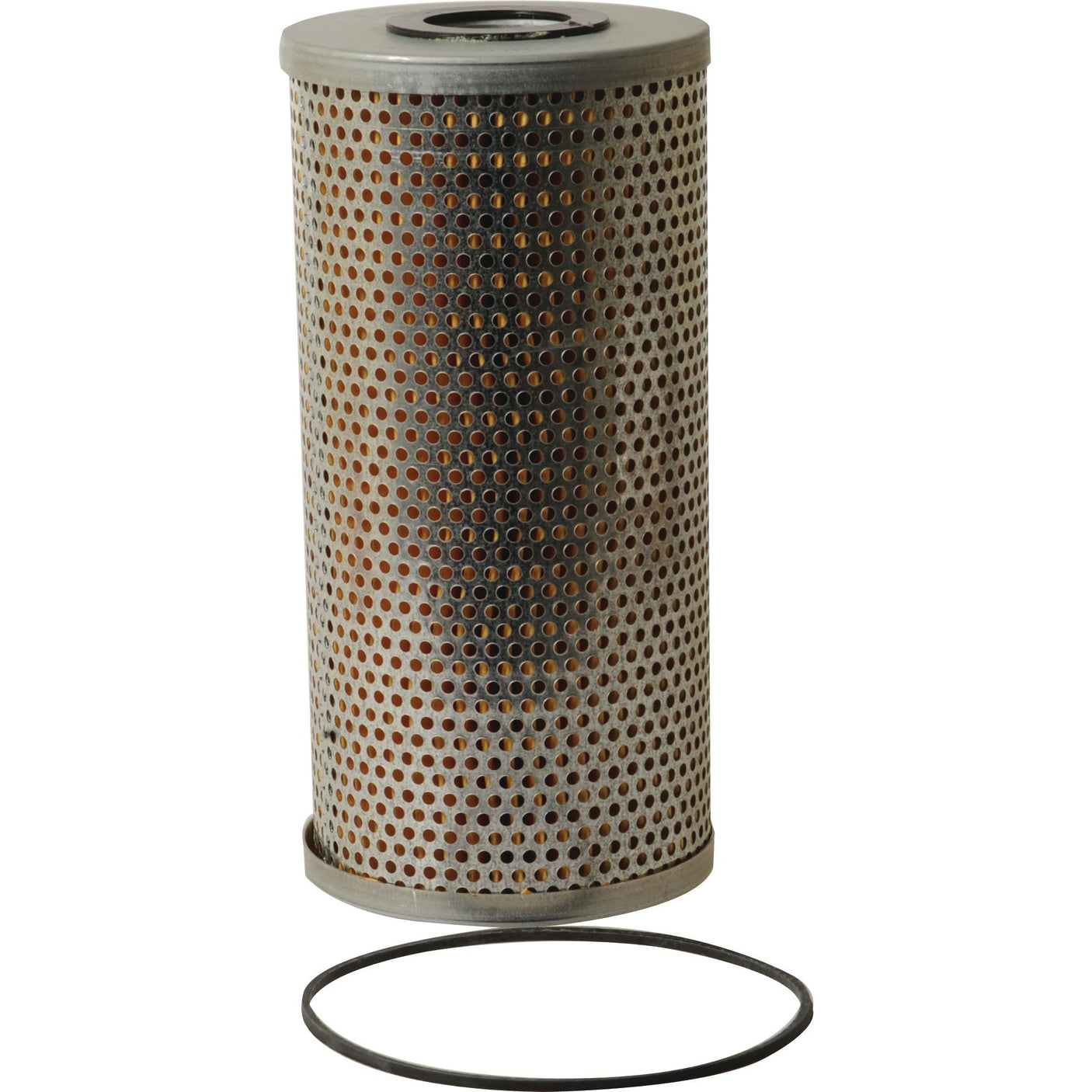 The Sparex Oil Filter - Element LF3893 (Sparex Part No. S.76723) designed for Fiat 615, features a cylindrical metal body with perforated sides and includes a rubber O-ring lying beside it on a white background.