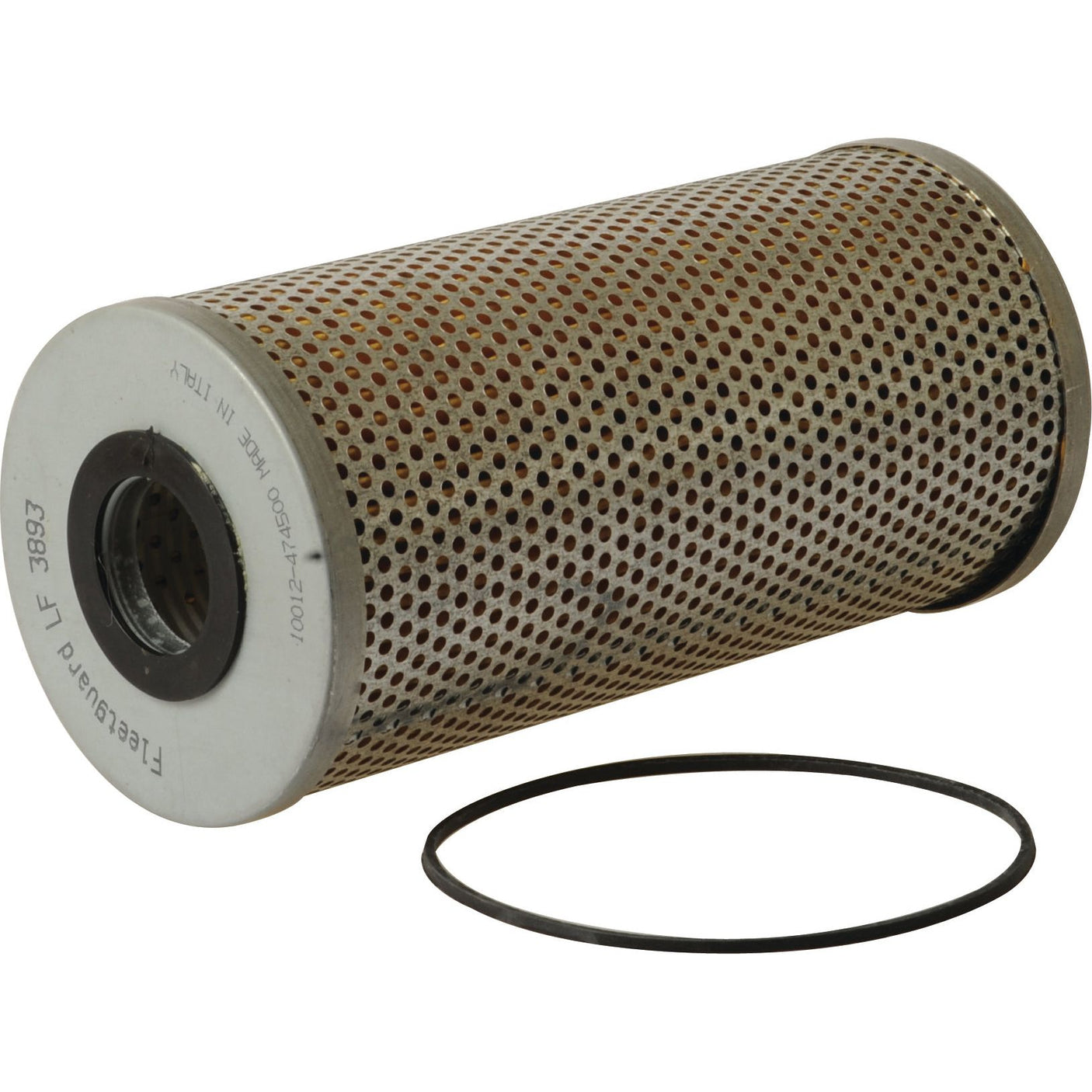 A cylindrical metal oil filter, Sparex Oil Filter - Element - LF3893 (S.76723), with a perforated outer casing, shown alongside a black rubber O-ring.