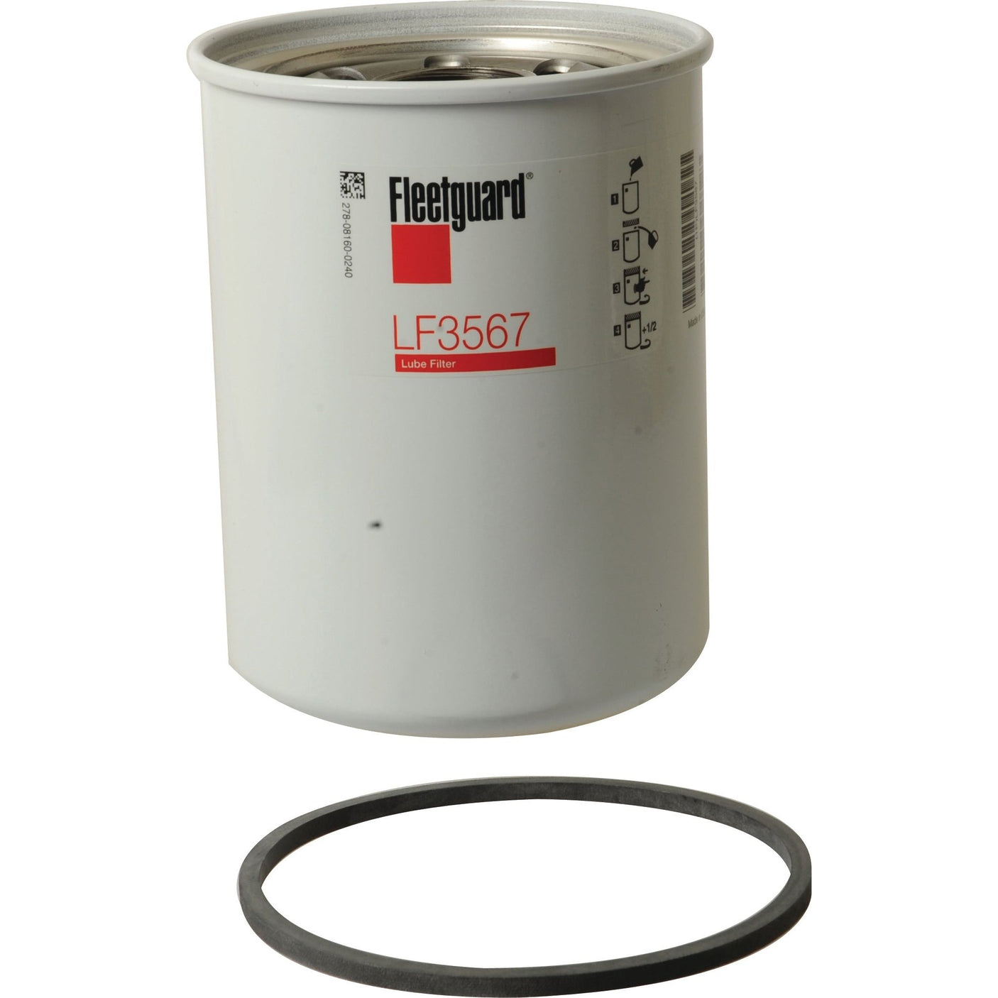 Image of a Sparex Oil Filter - Spin On - LF3567 (Sparex Part No. S.76742) with a rubber gasket placed below it against a white background. This John Deere compatible filter ensures optimal performance for your machinery.