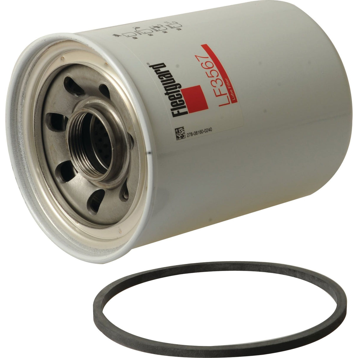 A cylindrical oil filter labeled "Oil Filter - Spin On - LF3567" (Sparex Part No. S.76742), John Deere compatible, with a black rubber gasket next to it.