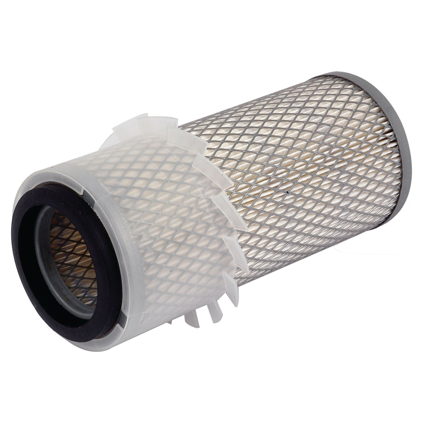 The Sparex Air Filter - Outer (Part No. S.76785) is a cylindrical filter featuring a metal mesh exterior, black rubber seals on both ends, and a white plastic frame, designed for compatibility with John Deere machinery.