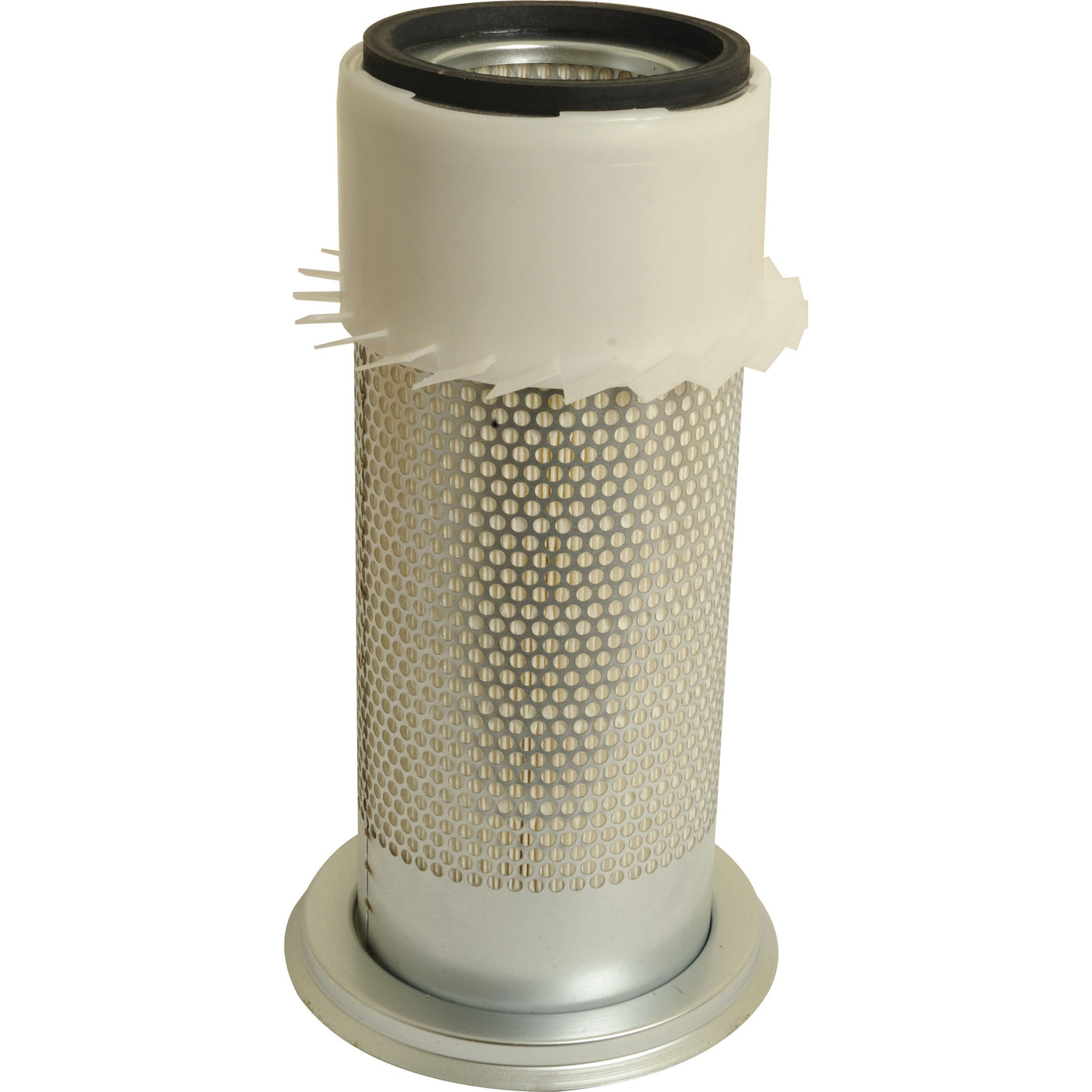 The Sparex Air Filter - Outer (Part No. S.76788) designed for the Deutz-Fahr AGROPLUS 60 features a cylindrical shape with a perforated metal exterior and a black rubber seal at the top.