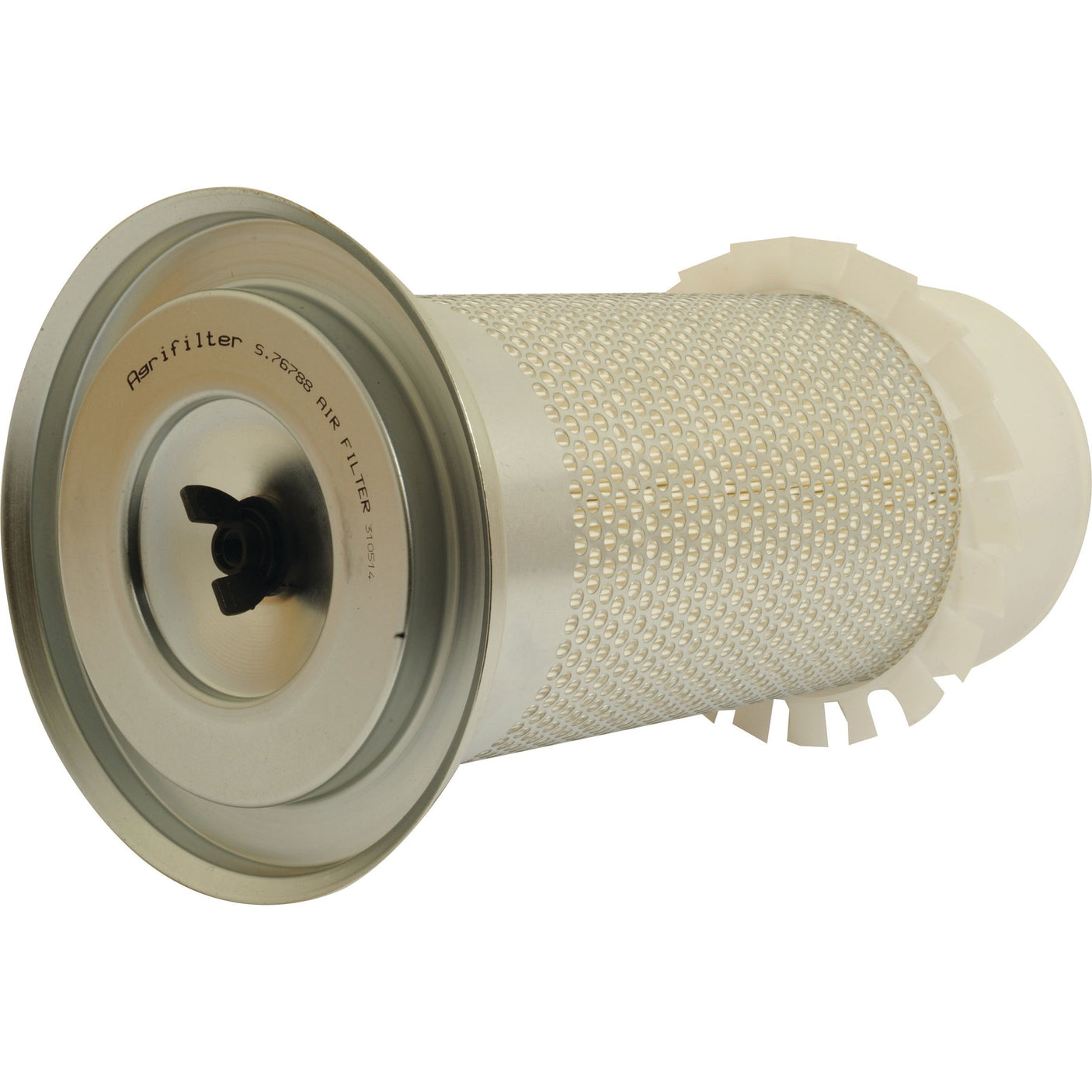 Introducing the Sparex Air Filter - Outer (Sparex Part No. S.76788), a cylindrical air filter with a metal mesh exterior and plastic components, featuring an attached metal fan blade and a circular metal cap, ideal for replacing the Sparex Agrifilter on Deutz-Fahr AGROPLUS 60 models.