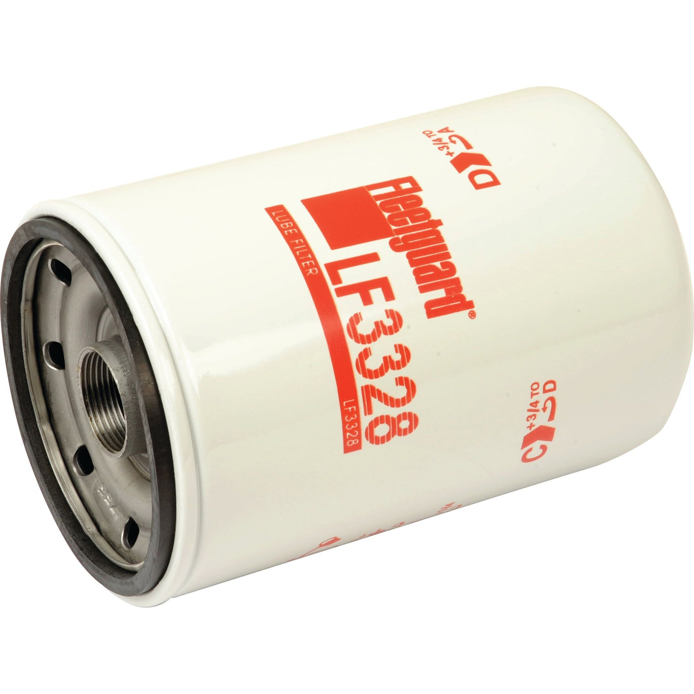 Image of a white cylindrical oil filter with red text reading "Fleetguard LF3328" along the side, featuring a thread size of 11/8 - 16 UN-2B. The item is identified as Oil Filter - Spin On - LF3328, branded by Sparex under Part No. S.76794.