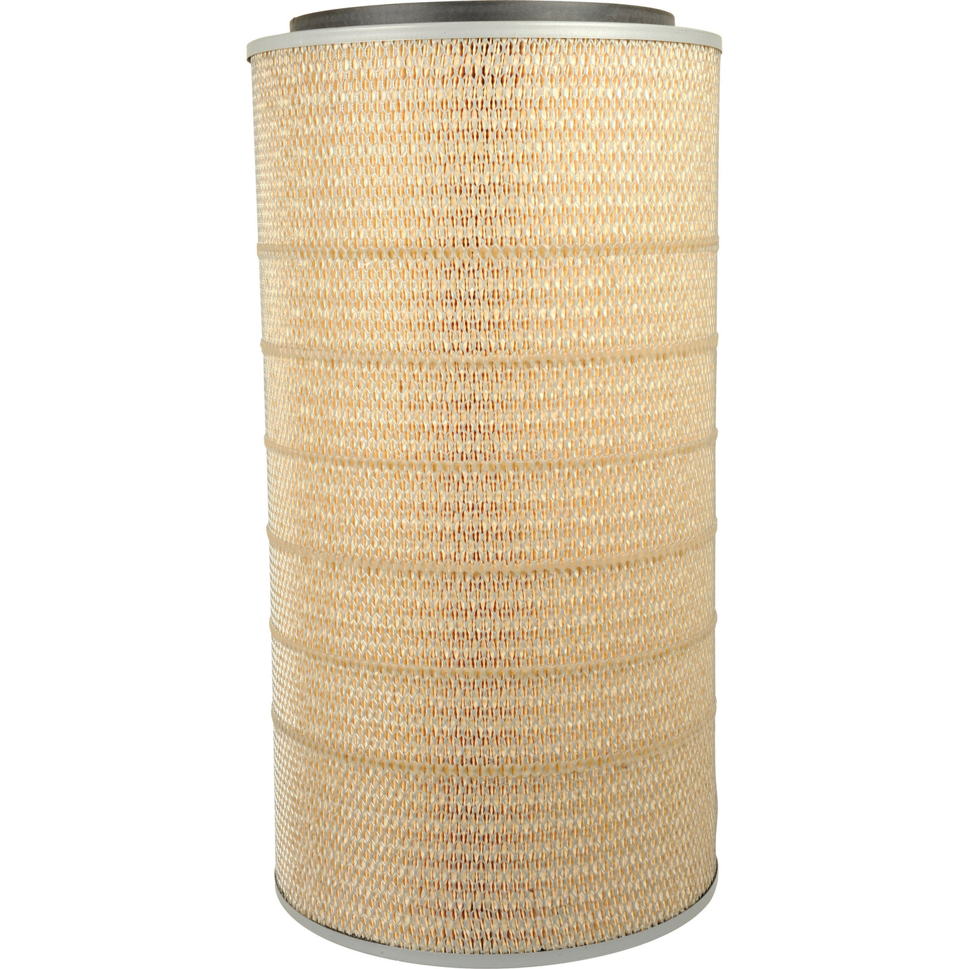 A cylindrical air filter, the Air Filter - Outer - AF25062 by Sparex (Sparex Part No. S.76860), features a woven texture and metal end caps, standing upright against a white background.