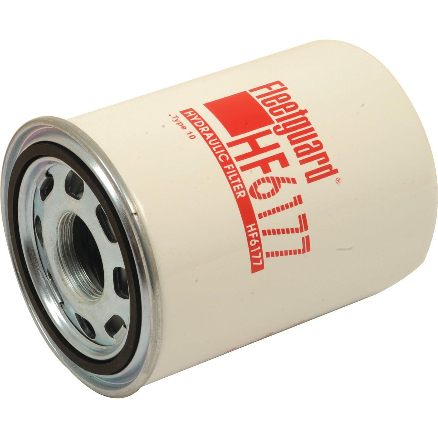 Image of a Sparex hydraulic filter, Spin On model HF6177 (Sparex Part No. S.76862), displayed against a white background. The filter has a metal top with multiple holes and is mostly white with red text and branding. Ideal for use in Claas COMMANDOR machinery to ensure optimal performance.