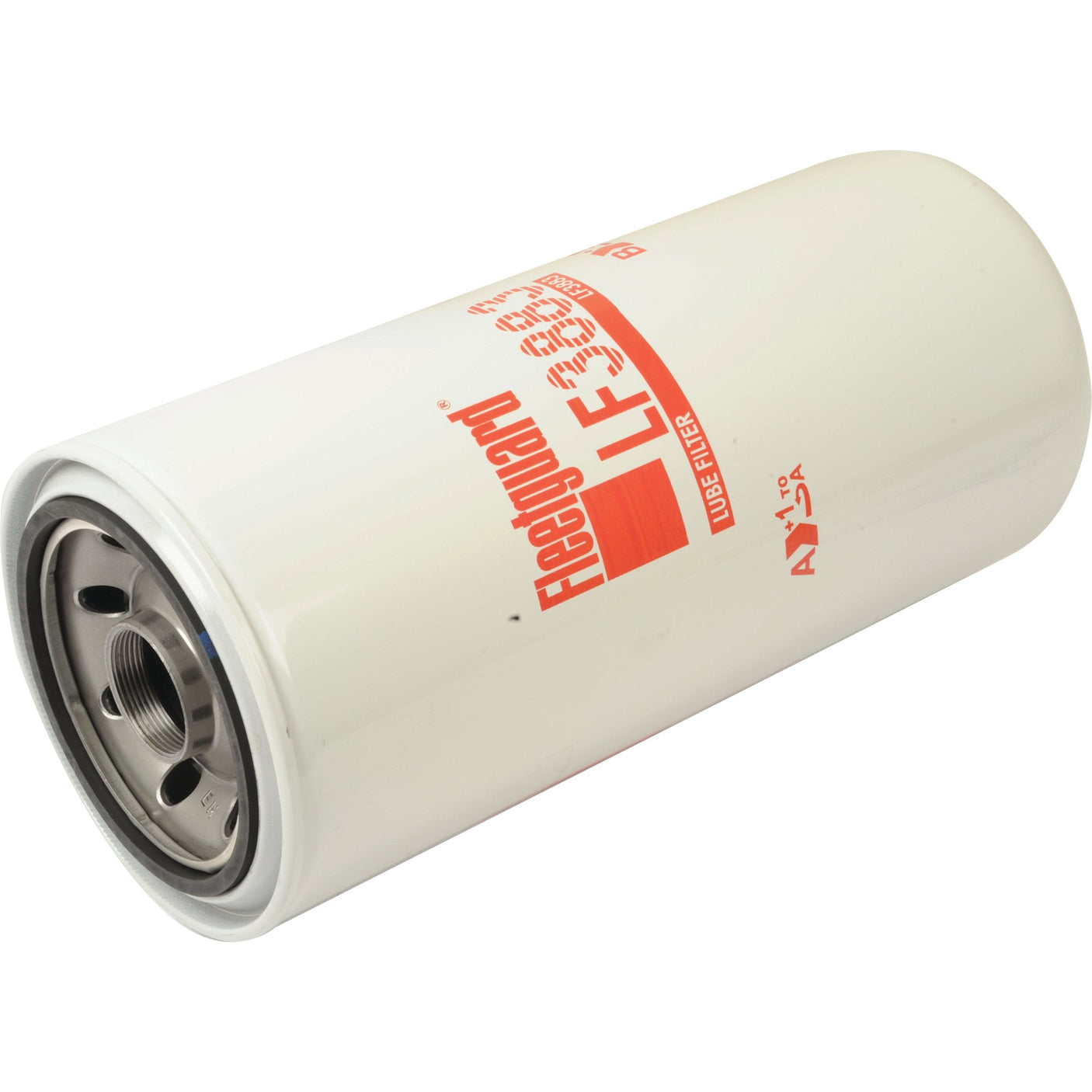 Close-up view of a white Sparex LF16035 lube filter lying on its side, showing metallic openings on one end and red text on the side, ideal for use alongside the Sparex LF3883 oil filter (Sparex Part No. S.76864) in vehicles like the Claas LEXION 440.