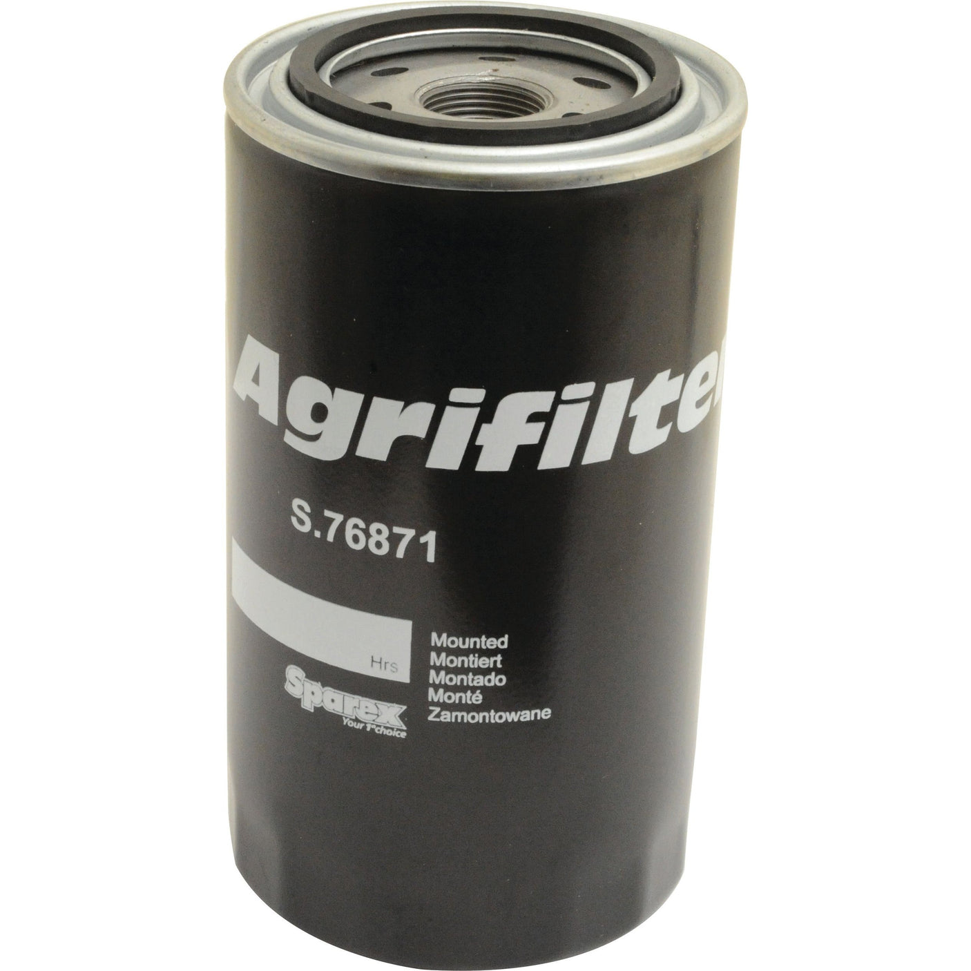 A black cylindrical oil filter labeled "Sparex Part No.S.76871" with various text, featuring a metallic top with circular perforations, this high-quality Sparex Oil Filter - Spin On ensures efficient filtration for your machinery.