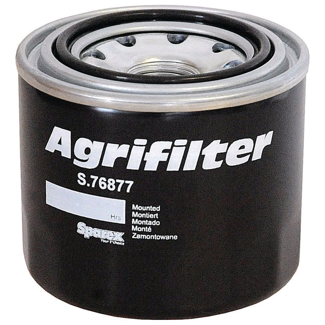 A black Sparex oil filter, model number S.76877, Spin On type, designed as essential tractor spare parts.