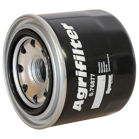 A cylindrical black oil filter labeled "Sparex S.76877" and "Spin-on," designed as an essential tractor spare part.