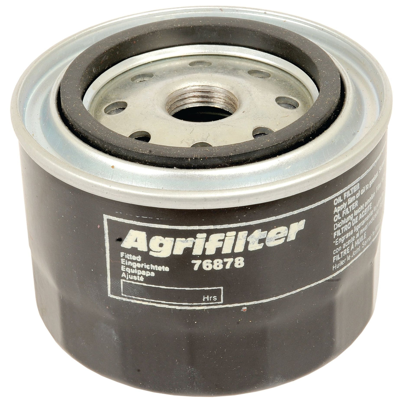 A close-up of a Sparex Oil Filter - Spin On (Sparex Part No. S.76878) with a silver top and black body, featuring white text and specifications, ideal as an oil filter for Kubota tractors.