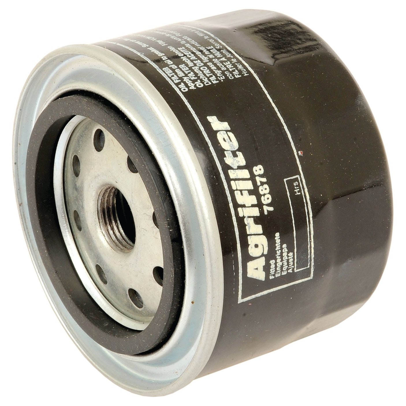 Close-up of a black cylindrical Sparex oil filter with metallic ends and visible text, marked Oil Filter - Spin On | Sparex Part No.S.76878.