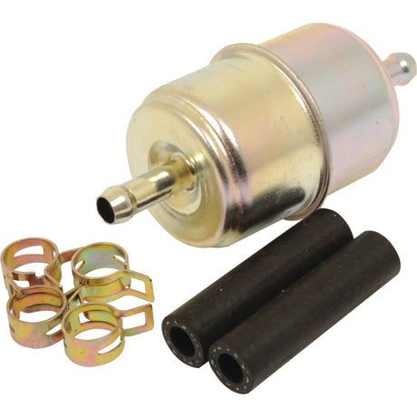 The Sparex Fuel Filter - In Line - FF149 (Sparex Part No. S.76882) is a metal cylindrical fuel filter featuring hoses and clamps, displayed on a white background.