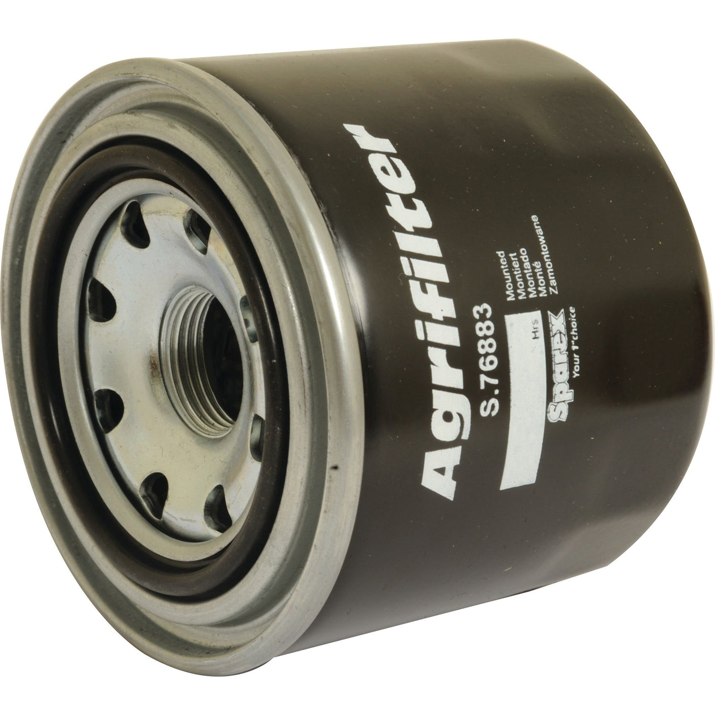 A black Sparex Spin On Fuel Filter (Sparex Part No. S.76883) with a metallic base and threaded hole for attachment, featuring the brand name and model number printed in white on the side.