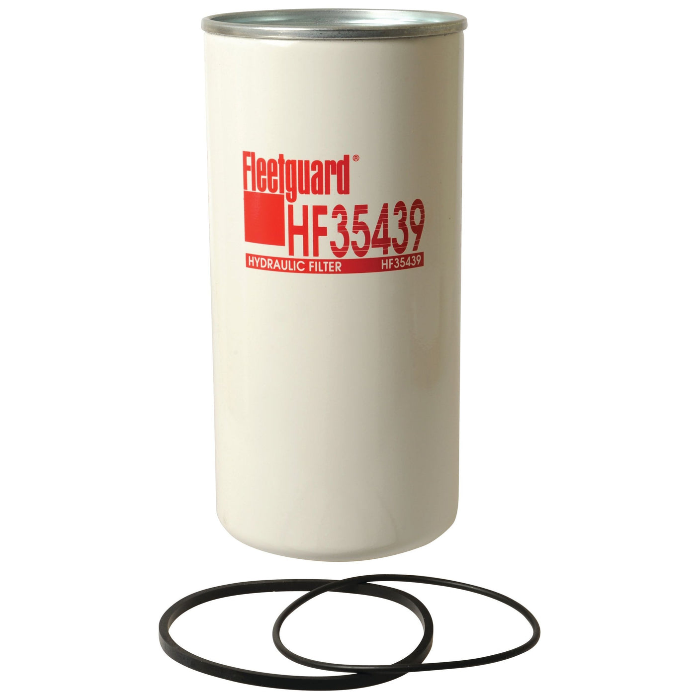 The Sparex hydraulic filter - Spin On - HF35439, designed for Case IH applications, is displayed with two O-rings in front of it. The filter features a sleek white exterior adorned with bold red text.