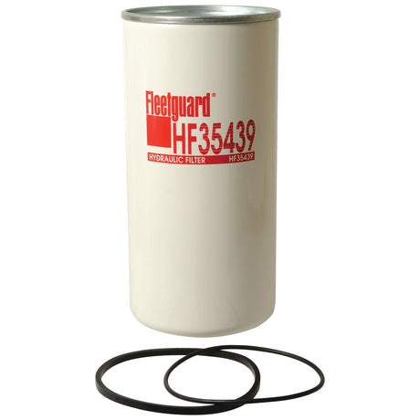 The Sparex hydraulic filter - Spin On - HF35439, designed for Case IH applications, is displayed with two O-rings in front of it. The filter features a sleek white exterior adorned with bold red text.