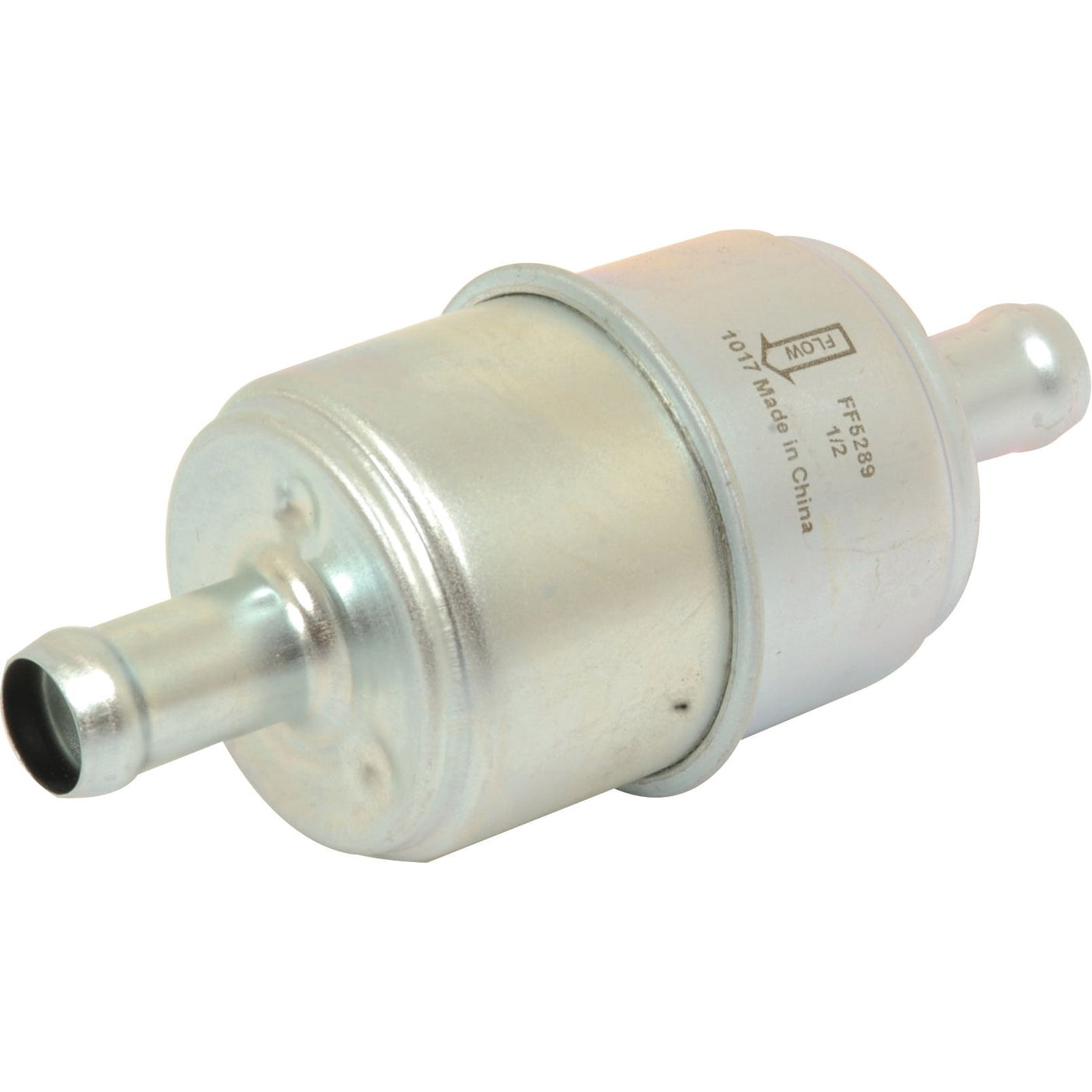 A cylindrical metal Fuel Filter - In Line - FF5289 (Sparex Part No.S.76903) made by Sparex, featuring inlet and outlet nozzles on either end and stamped markings.