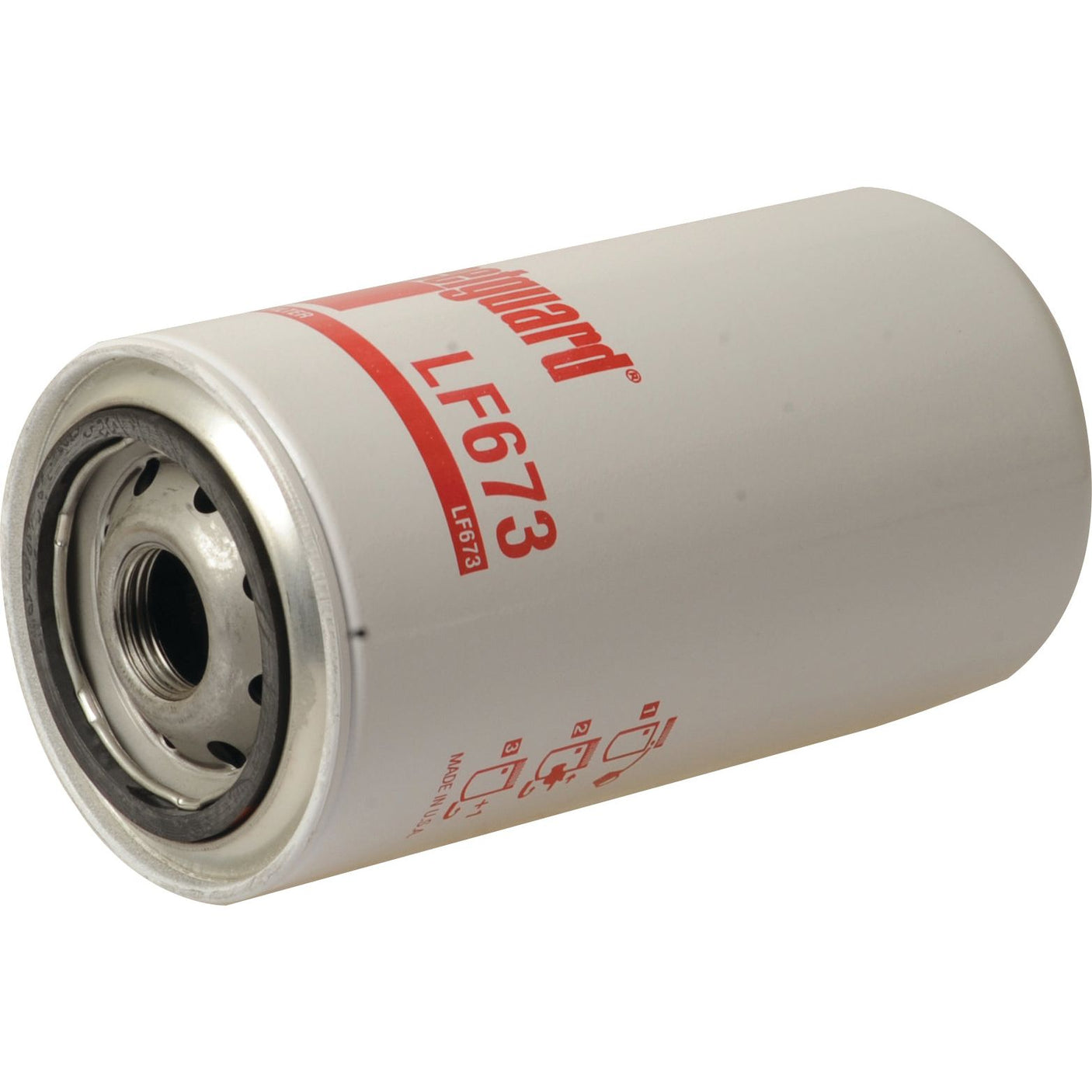 Close-up of a white cylindrical Sparex oil filter, labeled "Oil Filter - Spin On - LF673 | Sparex Part No. S.76907" with red text. The filter features a metal base with multiple holes for installation.