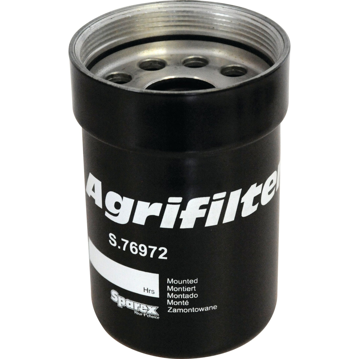 The Sparex Oil Filter - Spin On (Part No. S.76972), compatible with Claas and John Deere Tractors, features a threaded opening and is displayed against a white background.