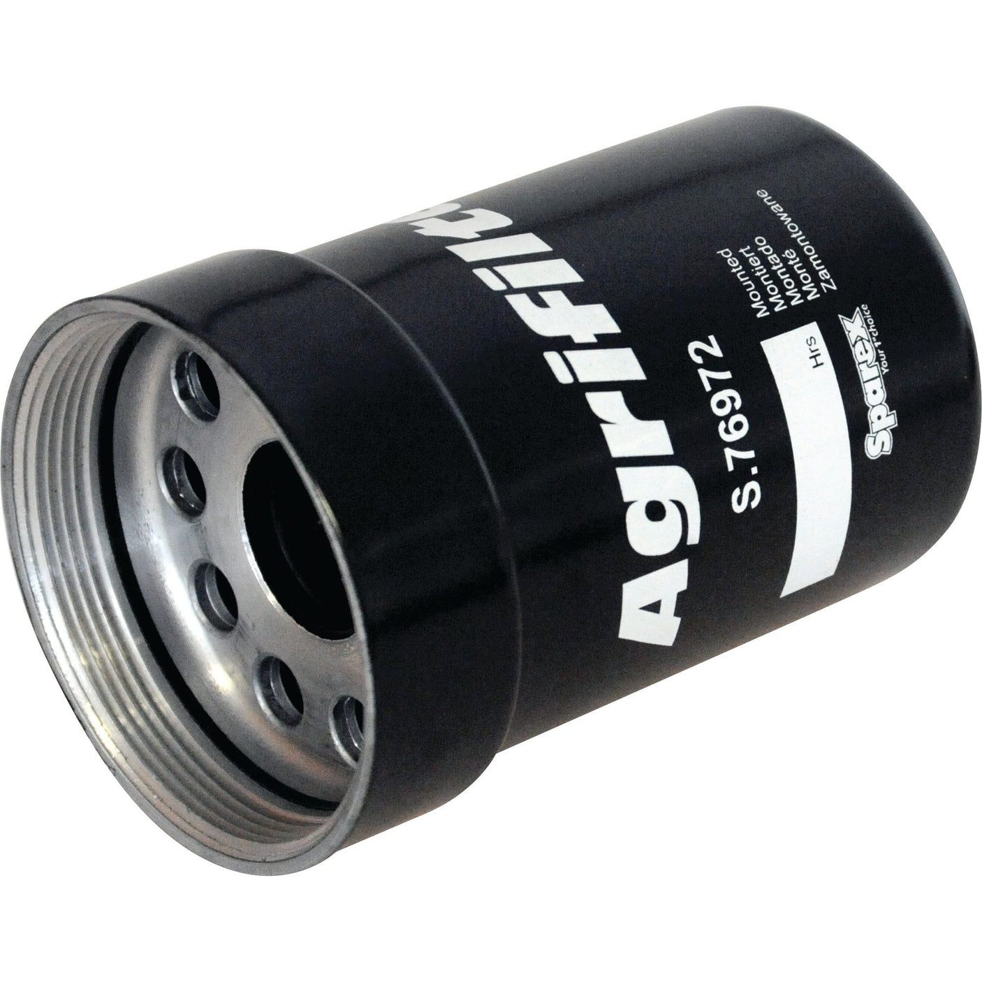 A black cylindrical oil filter labeled "Oil Filter - Spin On | Sparex Part No. S.76972" with metallic threading on one end, compatible with Claas Tractors.