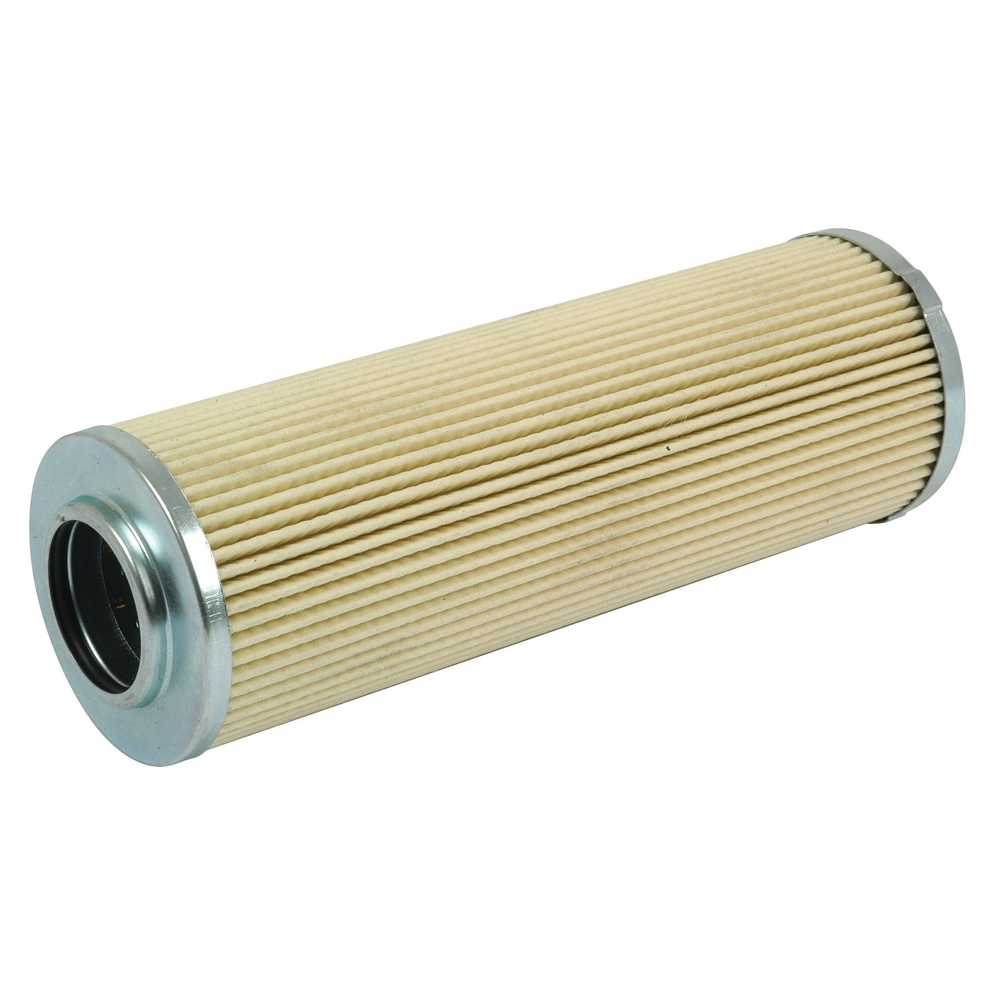 The Sparex Hydraulic Filter - Element (Part No. S.76977) features a cylindrical design with beige pleated paper and metal end caps on both sides, making it ideal for John Deere tractors.