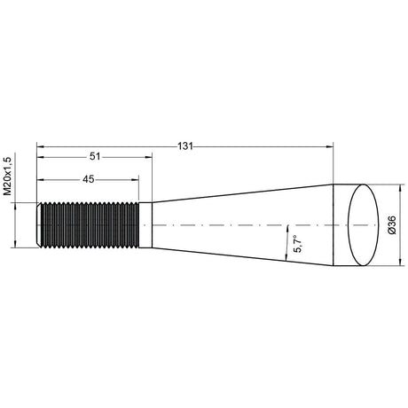 Technical drawing of the Sparex Loader Tine - Straight 600mm with a threaded end. Dimensions include a length of 131 mm, threaded section of 45 mm, diameter of 36 mm, taper angle of 5.7 degrees, and thread size M20x1.5 with Metric Thread specification Conus 1. Maximum torque is rated at 450 Nm and it fits as KK221150 - S.77000.