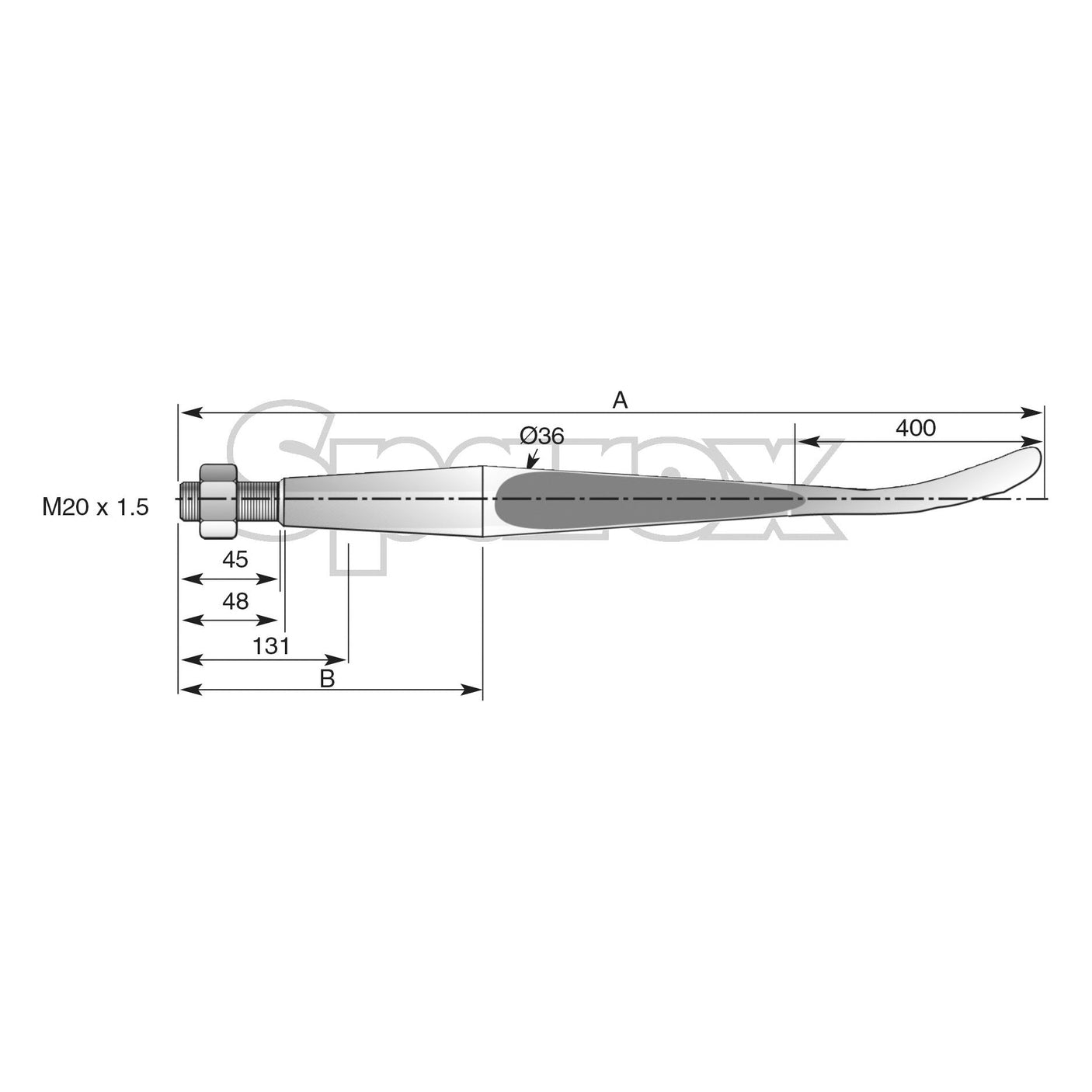 Technical drawing of a curved metal rod with dimensions, identified as the Sparex Loader Tine - Straight - Spoon End 1100mm. The rod features a threaded end (M20 x 1.50 Square) designed to fit model KK221156 - S.77005. The total length is specified as 400mm, with additional measurements at Ø36, 45mm, 48mm, and 131mm. This component is engineered to interface optimally with Conus 1 and can withstand a maximum torque of up to 450Nm for peak performance.
