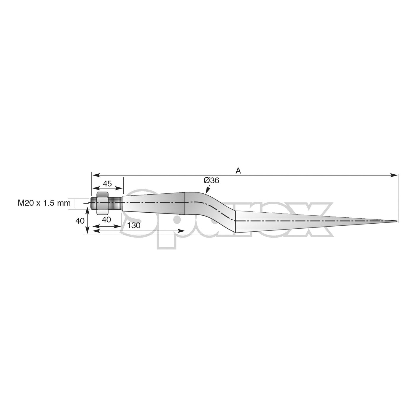 Diagram of a Sparex Loader Tine - Cranked 820mm with detailed measurements, including overall length, thread size (M20 x 1.50 Square), and other dimensional specifics marked in millimeters, fitting KK221175 - S.77008.