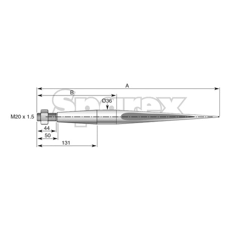 Technical drawing of a tapered object labeled with measurements: 131, 50, 44, Ø36, M20 x 1.50. Text overlaying the drawing reads "Loader Tine - Straight 680mm" by Sparex. Conus 1 design ensures precision and efficiency. Maximum Torque: 450 Nm for optimal performance.