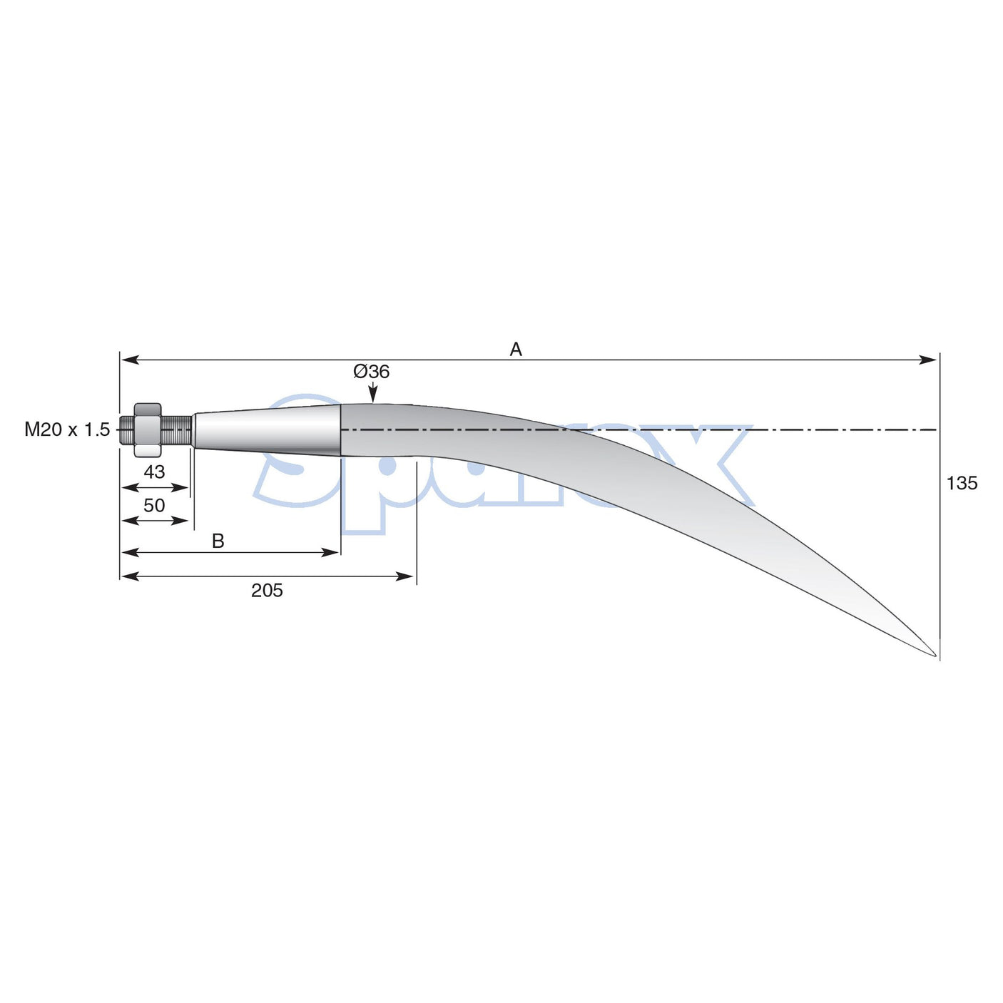 Loader Tine - Curved 680mm, Thread size: M20 x 1.50 (Square)
 - S.77013 - Farming Parts