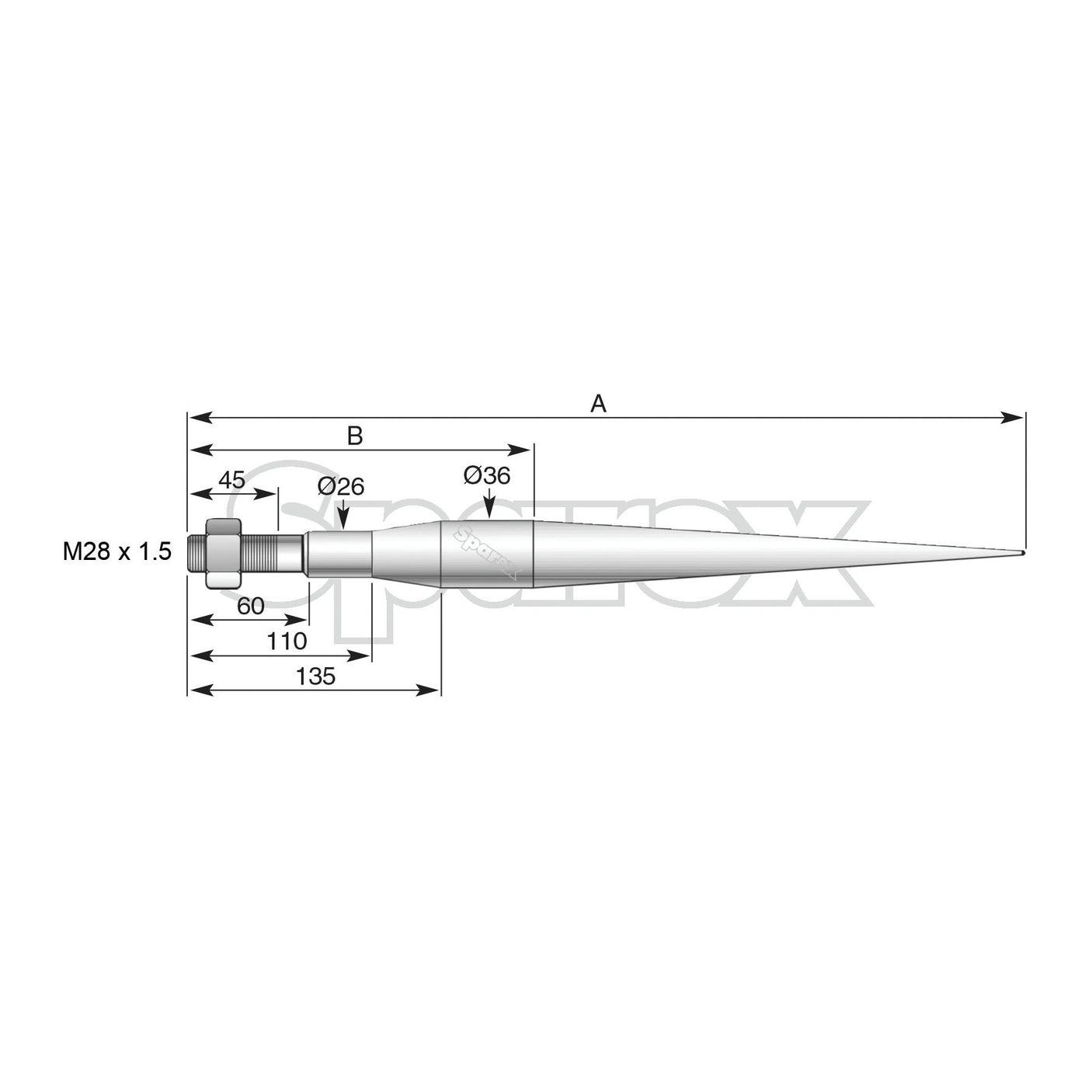 Technical drawing of a Loader Tine - Straight 810mm from Sparex, with dimensions labeled: Total length 135 mm, diameter ranges from 26 mm to 36 mm, segment lengths of 45 mm and 60 mm, and a threaded end marked M28 x 1.50 (Square).