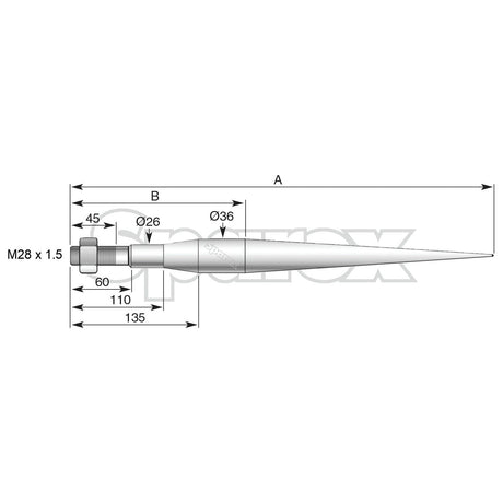 Technical diagram of the Sparex Loader Tine - Straight 980mm component, bearing thread size M28 x 1.50 (Square) and designed to fit as KK241161 - S.77017, with dimensions labeled A, B, Ø26, Ø36. Total length is 135 mm; various segment lengths and diameters are specified to withstand Maximum Torque requirements.
