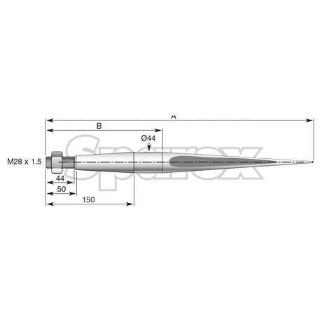 Technical drawing of a cylindrical tool branded by Sparex with labeled dimensions: M28 x 1.50 (Square) thread, overall length 150mm, diameters 44mm and 50mm, and labeled sections A and B.