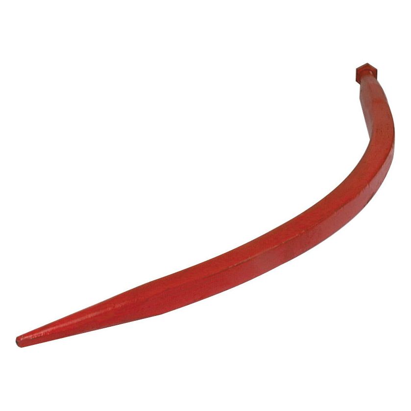 A red, curved Sparex Loader Tine - Curved 980mm with a pointed end and a flattened, slightly bent opposite end, designed to fit as KK241164 (S.77020) with an M28 x 1.50 thread size (Square).