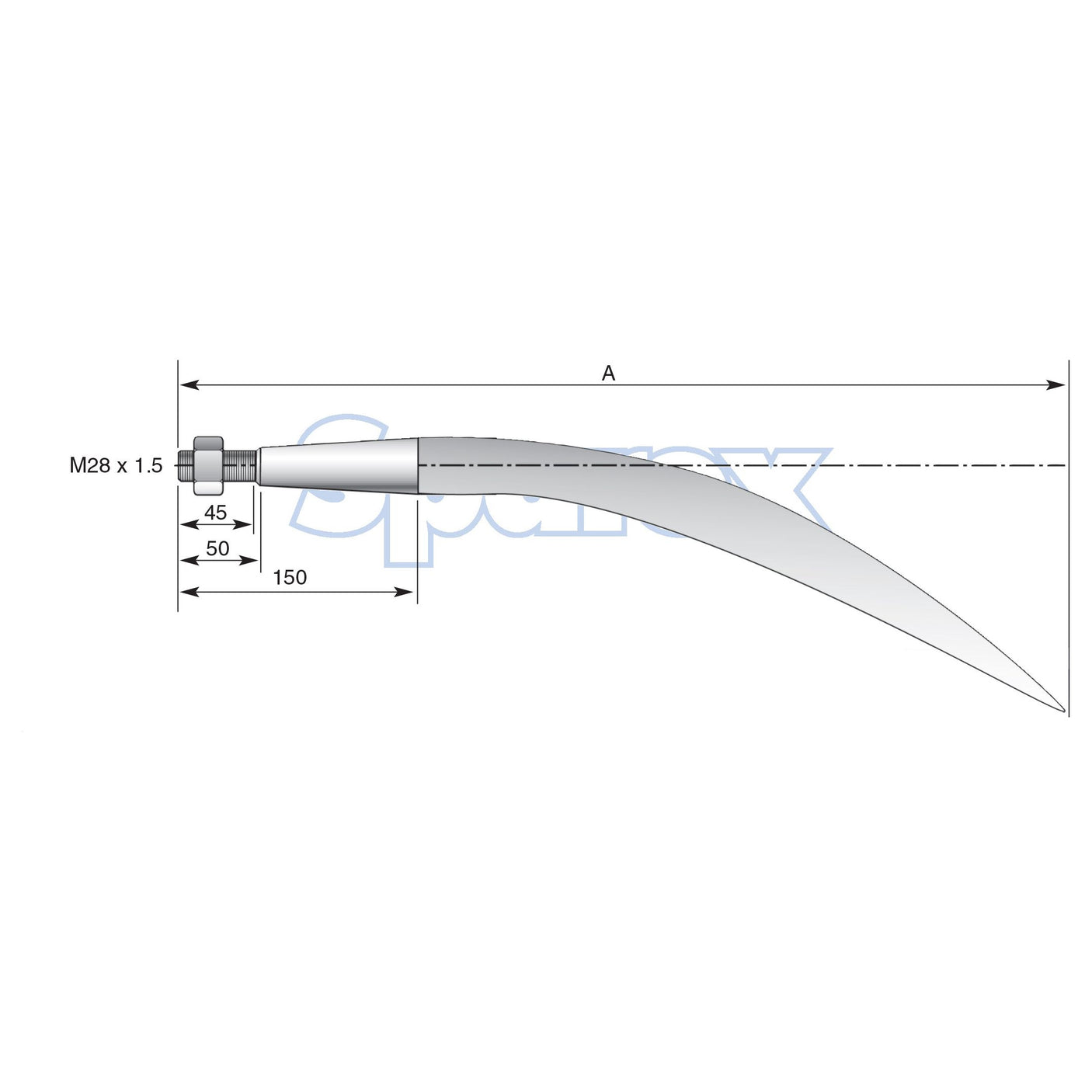 Technical drawing of a Loader Tine - Curved 980mm with measurements indicated, including a labeled thread size of M28 x 1.50 (Square) to fit as KK241164 - S.77020, various length dimensions, and a note on the maximum torque required.