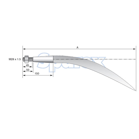 Technical drawing of a Loader Tine - Curved 980mm with measurements indicated, including a labeled thread size of M28 x 1.50 (Square) to fit as KK241164 - S.77020, various length dimensions, and a note on the maximum torque required.