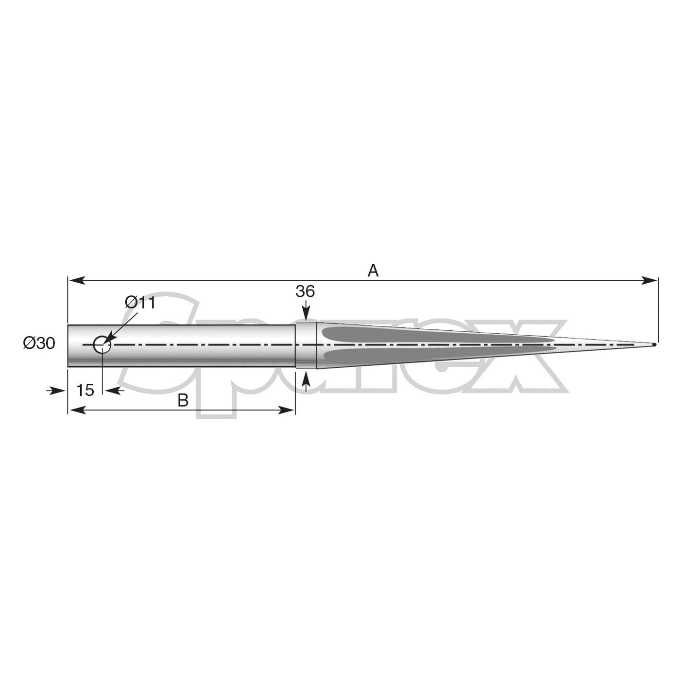 Technical drawing of a cylindrical Loader Tine - Straight 760mm (Star) with dimensions: length 'A' and 'B', diameter Ø30mm at the base and Ø11mm at the tip, and an overall length marked as 36 units. Suitable for Pin Fitting applications. Product Name: Loader Tine - Straight 760mm, (Star). Brand: Sparex. To fit as: 5500004 - S.77022.