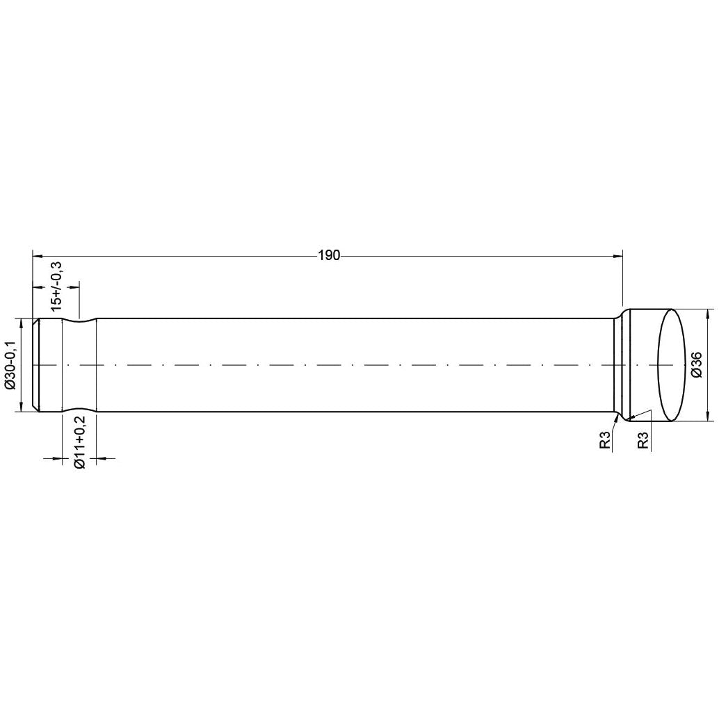 Technical drawing of a Loader Tine - Straight 760mm, (Star) from Sparex, designed to fit as model 5500004 - S.77022. The cylindrical object is 190 units in length and features a Pin Fitting. Diameter measurements are provided, with specific sections labeled with geometric and numerical details.