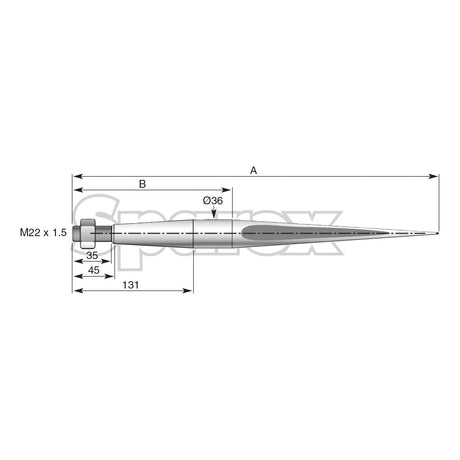 Technical drawing of a Loader Tine - Straight 810mm with metric measurements labeled. The tine, featuring a Metric Thread size of M22 x 1.50 (H - fluted), has an overall length labeled as A and a maximum diameter of Ø36, under the brand name Sparex and fit as model numbers 878665M1 or S.77023.