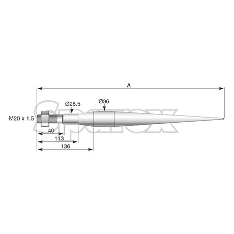 Technical drawing of the Loader Tine - Straight 760mm (13792 - S.77024) with an M20 x 1.50 metric thread (Star). The drawing includes labeled dimensions: lengths 113 mm, 40 mm, and a total length of 136 mm; diameters are labeled as 28.5 mm and 36 mm. Additional label "A" is also present in the drawing. Brand: Sparex