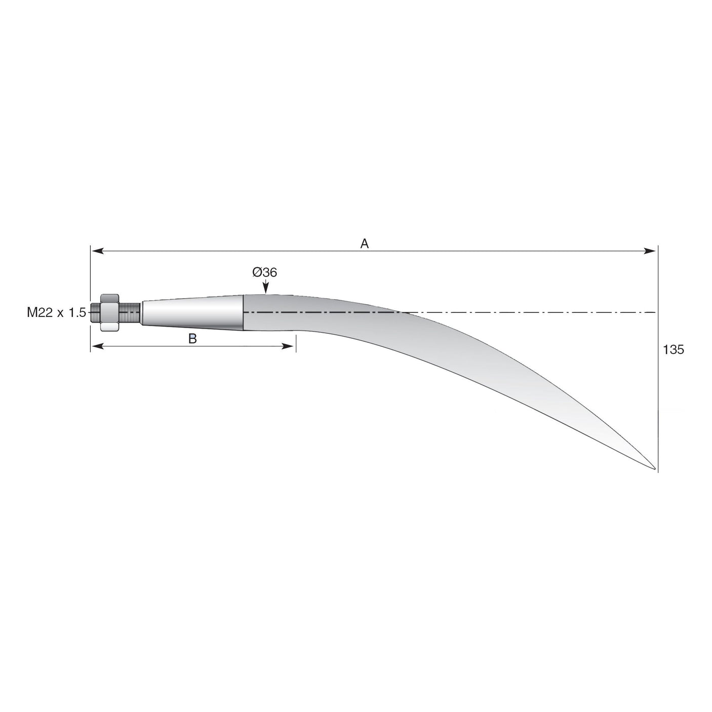 Loader Tine - Curved 760mm, Thread size: M22 x 1.50 (Square)
 - S.77025 - Farming Parts