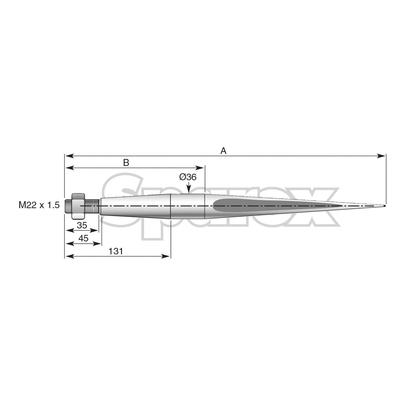 Technical diagram illustrating the dimensions of a Loader Tine - Straight 660mm from Sparex, featuring labeled lengths and diameters. Key measurements include an overall length of 131mm, a maximum diameter of 36mm, threads M22 x 1.50 (Square), and a Conus 1 taper.