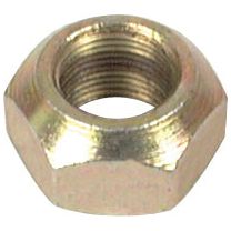 A Sparex Loader Tine Nut M20, part number S.77027, with internal threading in a metallic hexagonal design, likely used alongside a bolt for fastening purposes.