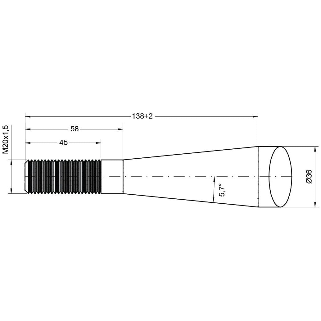 Technical drawing of a cylindrical Loader Tine - Cranked 820mm designed for SHW applications. The Sparex bolt, identified by part number 21615139 (S.77031), is 138+2 mm long with a threaded section of M20 x 1.50 and features a 58 mm non-threaded tapering end at a 5.7° angle, with a diameter of 36 mm.