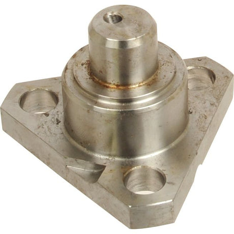 The King Pin - S.7703 by Sparex is a metal flange mount featuring three bolt holes and a round central hub, showing signs of wear and rust. This metric component is classified under tariff code 8708503500.