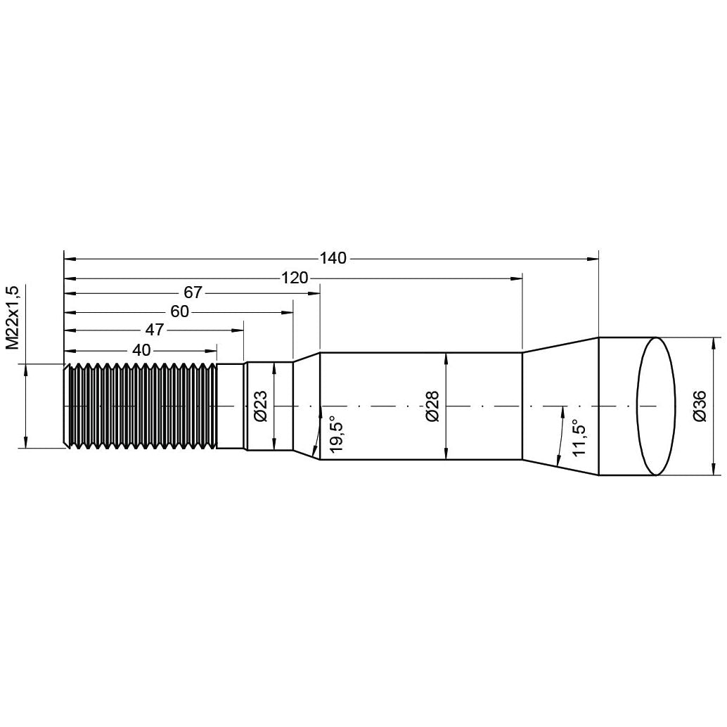 Technical drawing of the Loader Tine - Cranked 880mm from Sparex, with detailed dimensions, including M22x1.50 metric threads, multiple diameters, and lengths in millimeters to fit as: 307025 - S.77043.