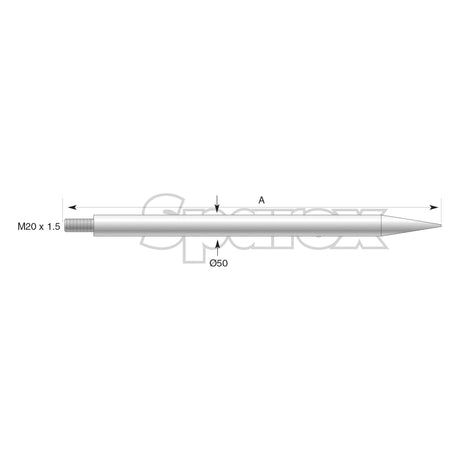 Technical drawing of a Loader Tine - Straight 1250mm by Sparex, with a threaded end labeled M20 x 1.50 (Round) - S.77048, secured with a stop nut. The diameter at one section is labeled Ø50, and a length A is indicated.