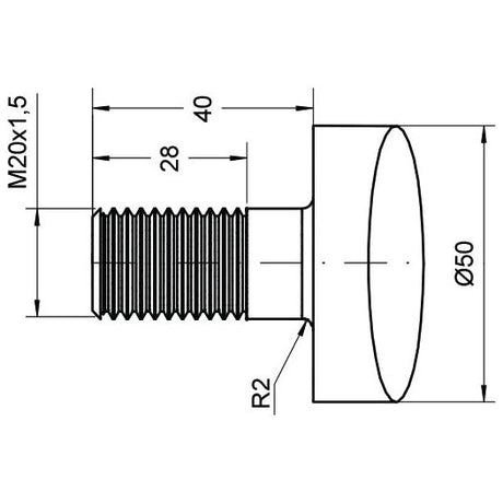 A technical drawing of a cylindrical threaded machine part labeled as Loader Tine - Straight 1250mm, model S.77048 from the brand Sparex, with an M20 x 1.50 round thread size. This part measures 40mm in length and 50mm in diameter and is designed for applications requiring precise adjustments.