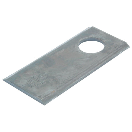 A rectangular metal plate with a large circular hole near one end, resembling the Mower Blade by Sparex, used as a replacement part for Deutz-Fahr, Fella, and Claas tractors.